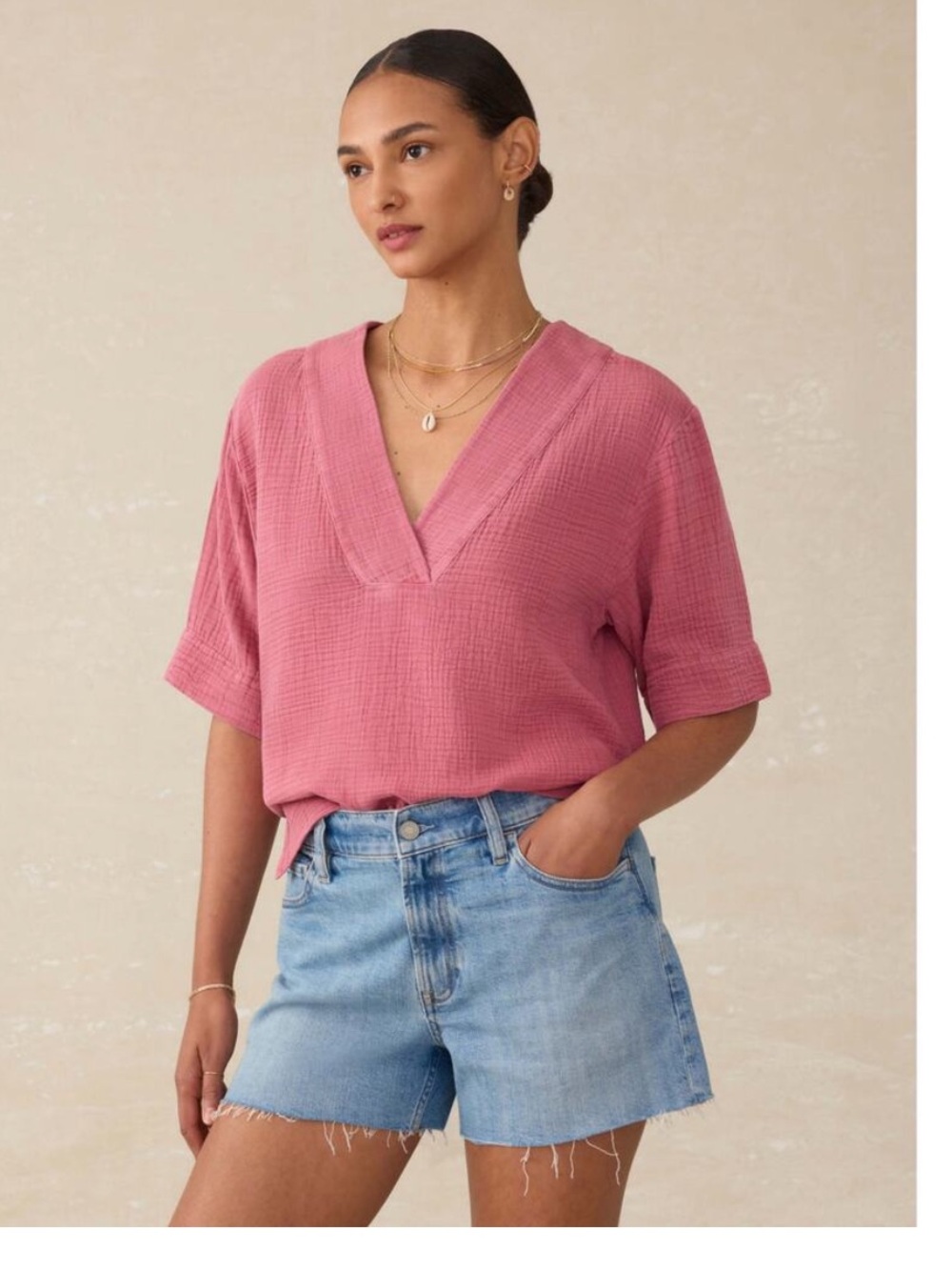 FAHERTY Dune Top Women Small Pink Cotton Gauze Popover Shirt Sustainable Organic